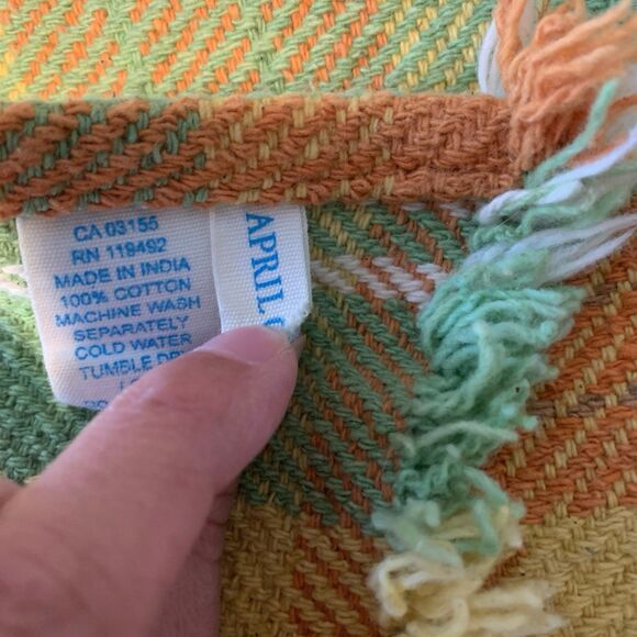 April Cornell Orange Yellow Green Plaid and Fringe Rectangular Tablecloth 80x54 - Picture 8 of 9